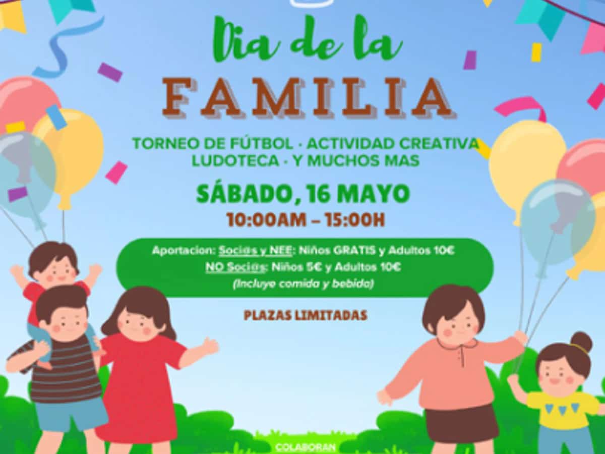 Cartel del Día de la Familia en Casa Ángeles con ilustraciones infantiles, globos y detalles de una jornada familiar en Marbella con fútbol, ludoteca y actividad creativa.