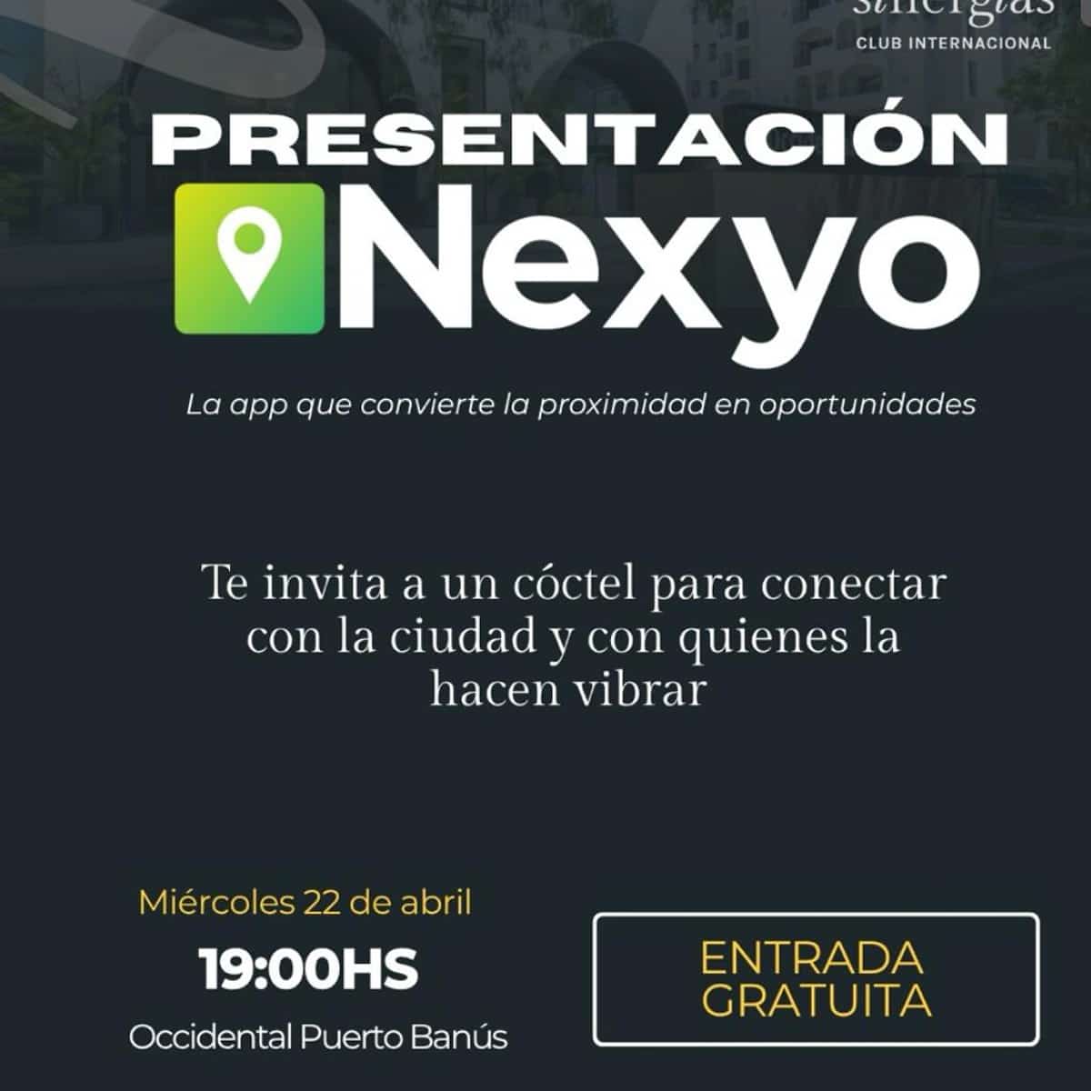 Cartel promocional de evento de networking Nexyo en Marbella con detalles de fecha, hora y ubicación en Puerto Banús, destacando cóctel gratuito y acceso limitado.