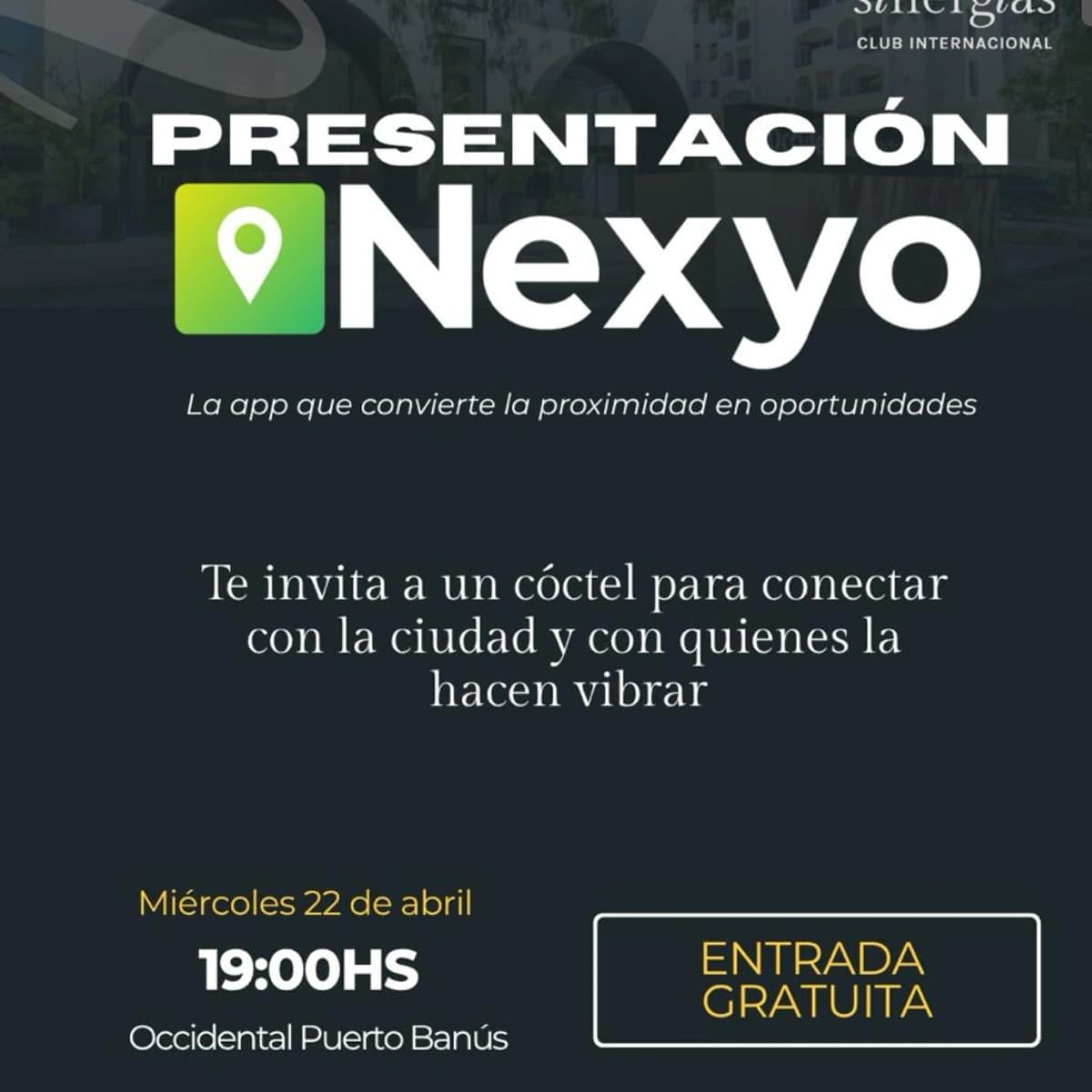 Cartel promocional de evento de networking Nexyo en Marbella con detalles de fecha, hora y ubicación en Puerto Banús, destacando cóctel gratuito y acceso limitado.