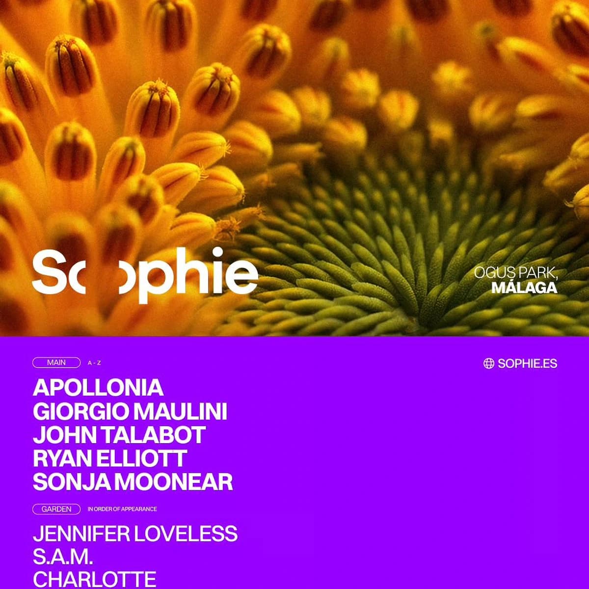 Cartel de Sophie CH#3 en Ogus Park Málaga con Apollonia, John Talabot, Sonja Moonear, Ryan Elliott y programación electrónica en escenarios Main y Garden.
