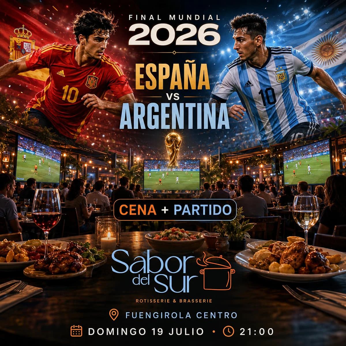 Final del Mundial 2026 entre España y Argentina retransmitida en varias pantallas grandes durante una cena en Sabor del Sur, Fuengirola.