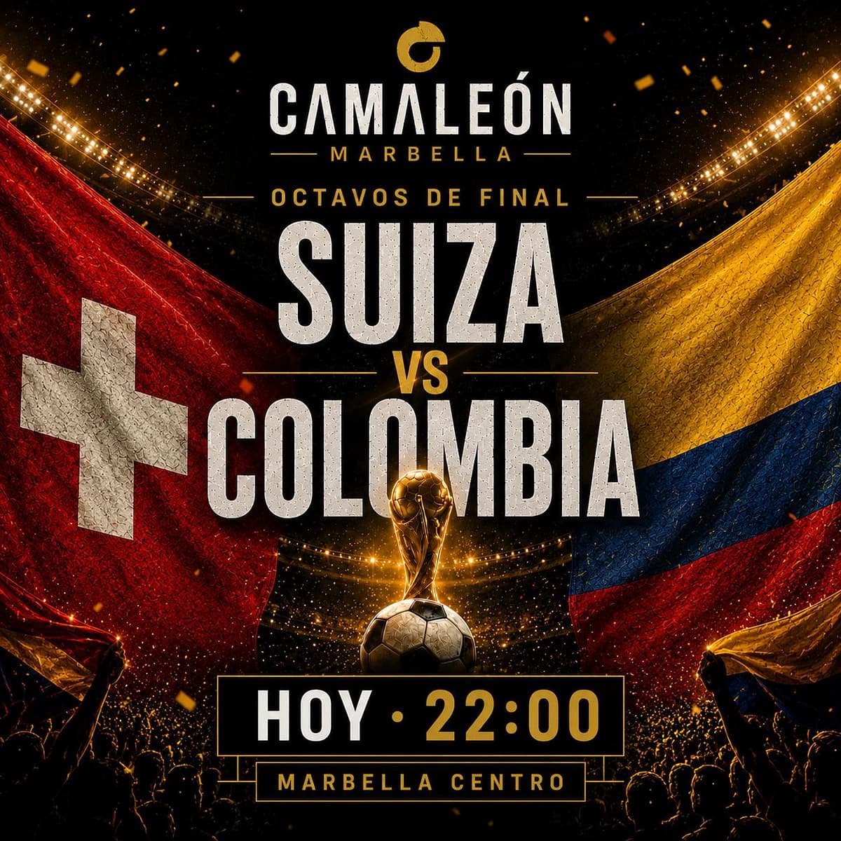 Cartel de retransmisión en directo de Suiza vs Colombia en los octavos del Mundial 2026 con ambiente de fútbol internacional y noche de partido en Marbella centro.