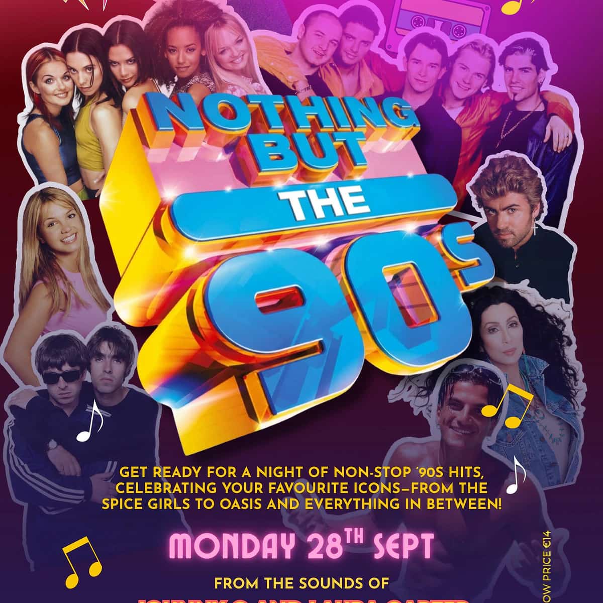 Cartel de Nothing But The 90s en La Sala Puerto Banús con collage de iconos musicales de los años 90 y show anunciado para el lunes 28 de septiembre.