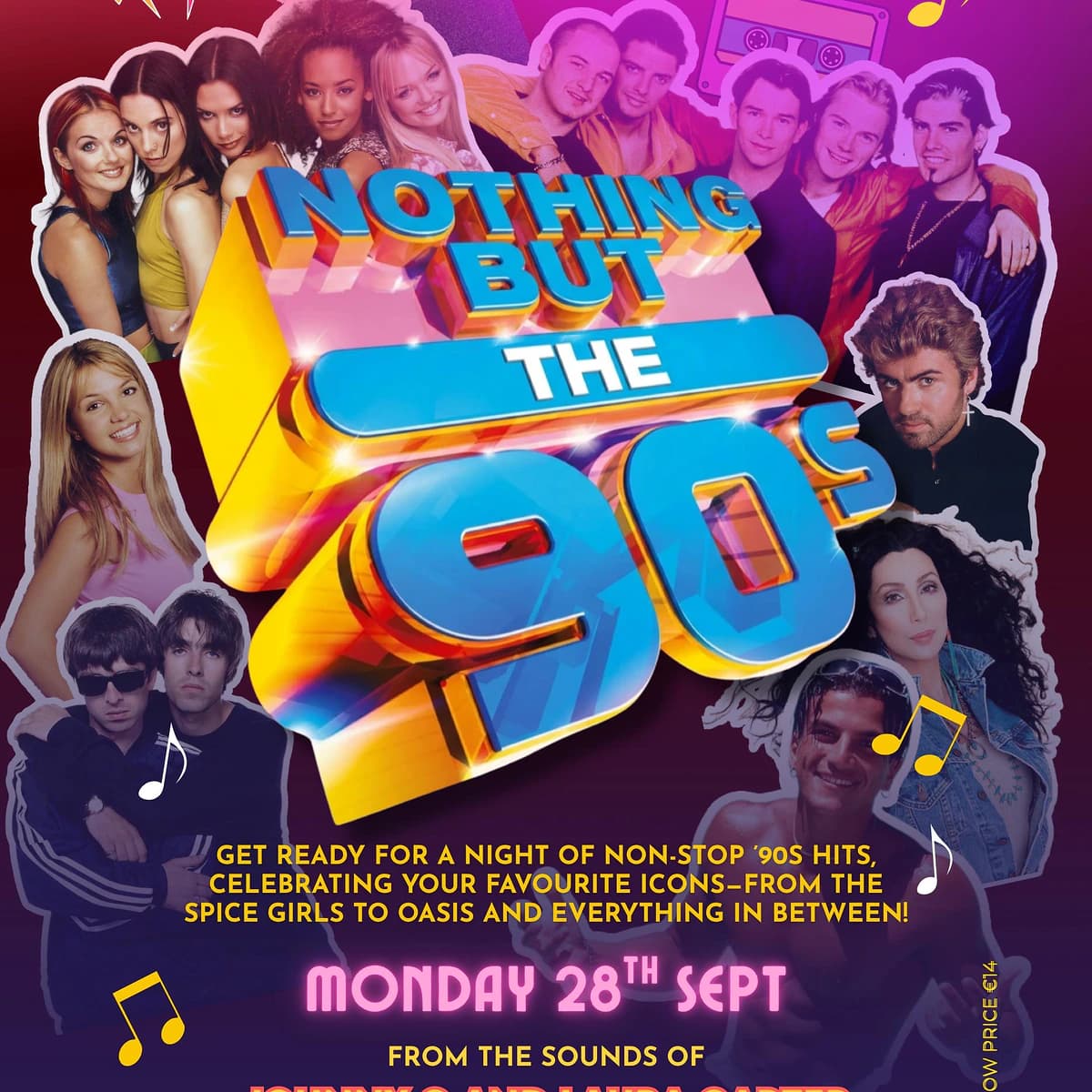 Cartel de Nothing But The 90s en La Sala Puerto Banús con collage de iconos musicales de los años 90 y show anunciado para el lunes 28 de septiembre.