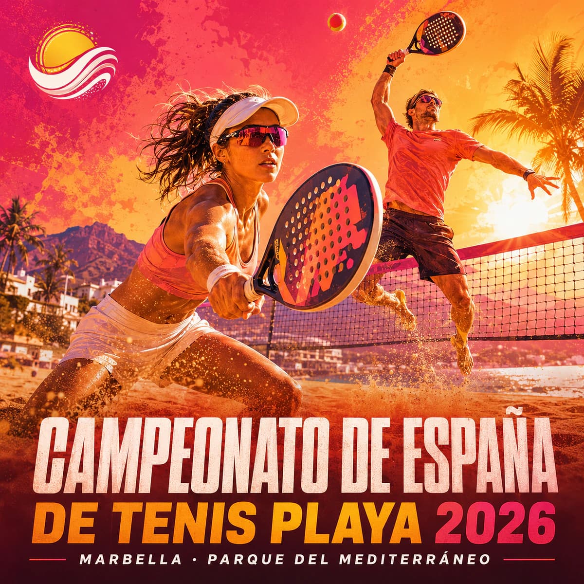 Portada del Campeonato de España de Tenis Playa 2026 en Marbella, con jugadores en acción sobre arena y ambiente deportivo mediterráneo.