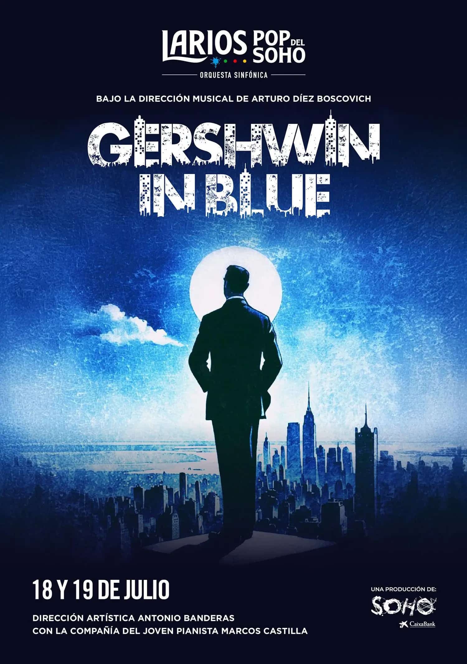Concierto Gershwin in Blue en Málaga 2026 con la orquesta Larios Pop del Soho y el pianista Marcos Castilla interpretando Rhapsody in Blue