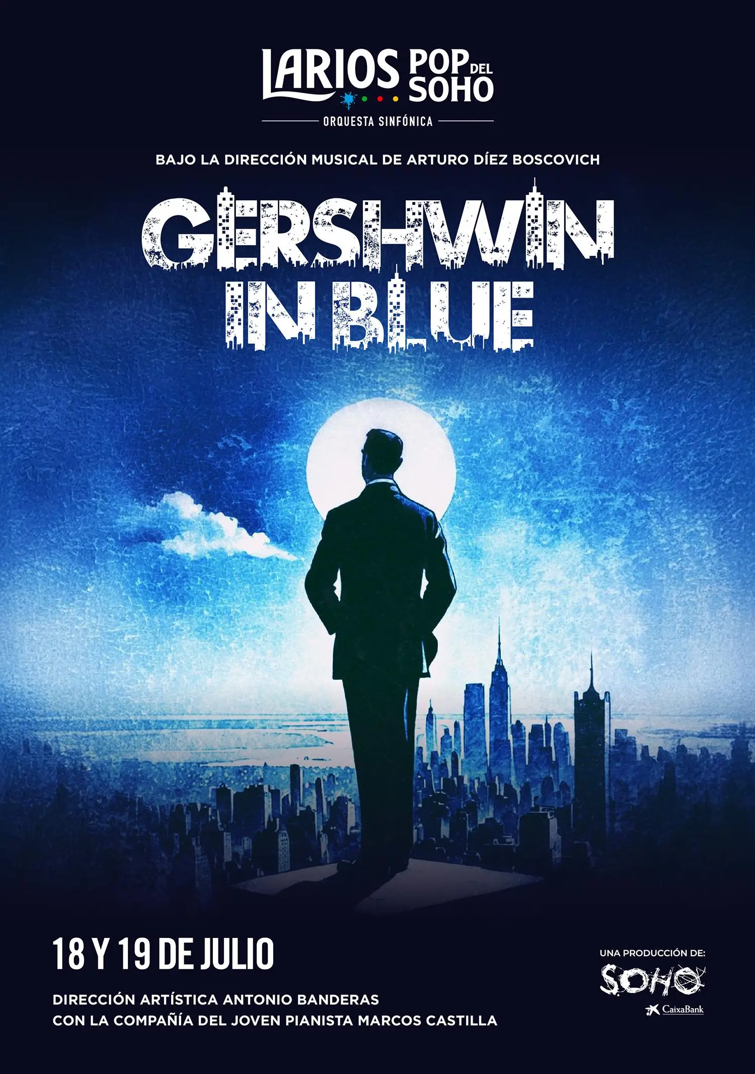 Concierto Gershwin in Blue en Málaga 2026 con la orquesta Larios Pop del Soho y el pianista Marcos Castilla interpretando Rhapsody in Blue