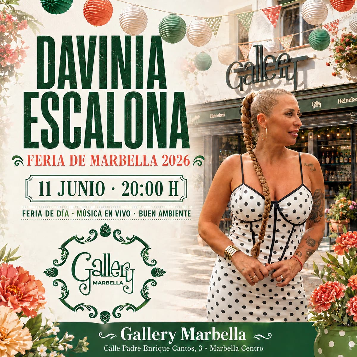 Cartel de Davinia Escalona para la Feria de Marbella 2026 en Gallery Marbella, con actuación en directo el 11 de junio a las 20:00 en Marbella centro.