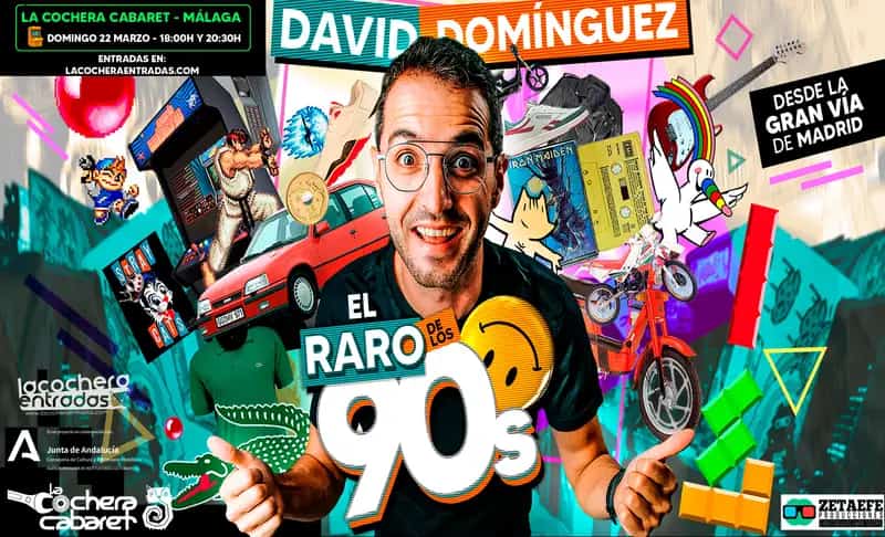 David Domínguez actuando en el espectáculo de comedia 'El Raro de los 90s' en Málaga 2026