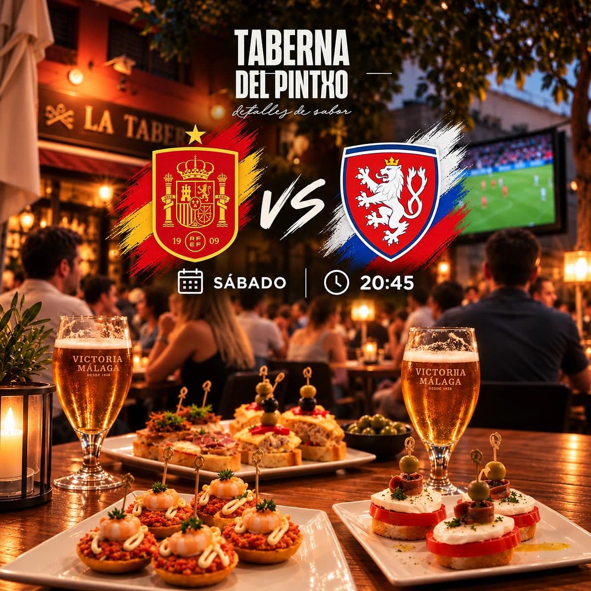 Cartel de España vs Chequia en La Taberna del Pintxo, con los escudos de ambas selecciones, “Sábado” y “20:45”, pintxos, cervezas y una pantalla de fútbol.
