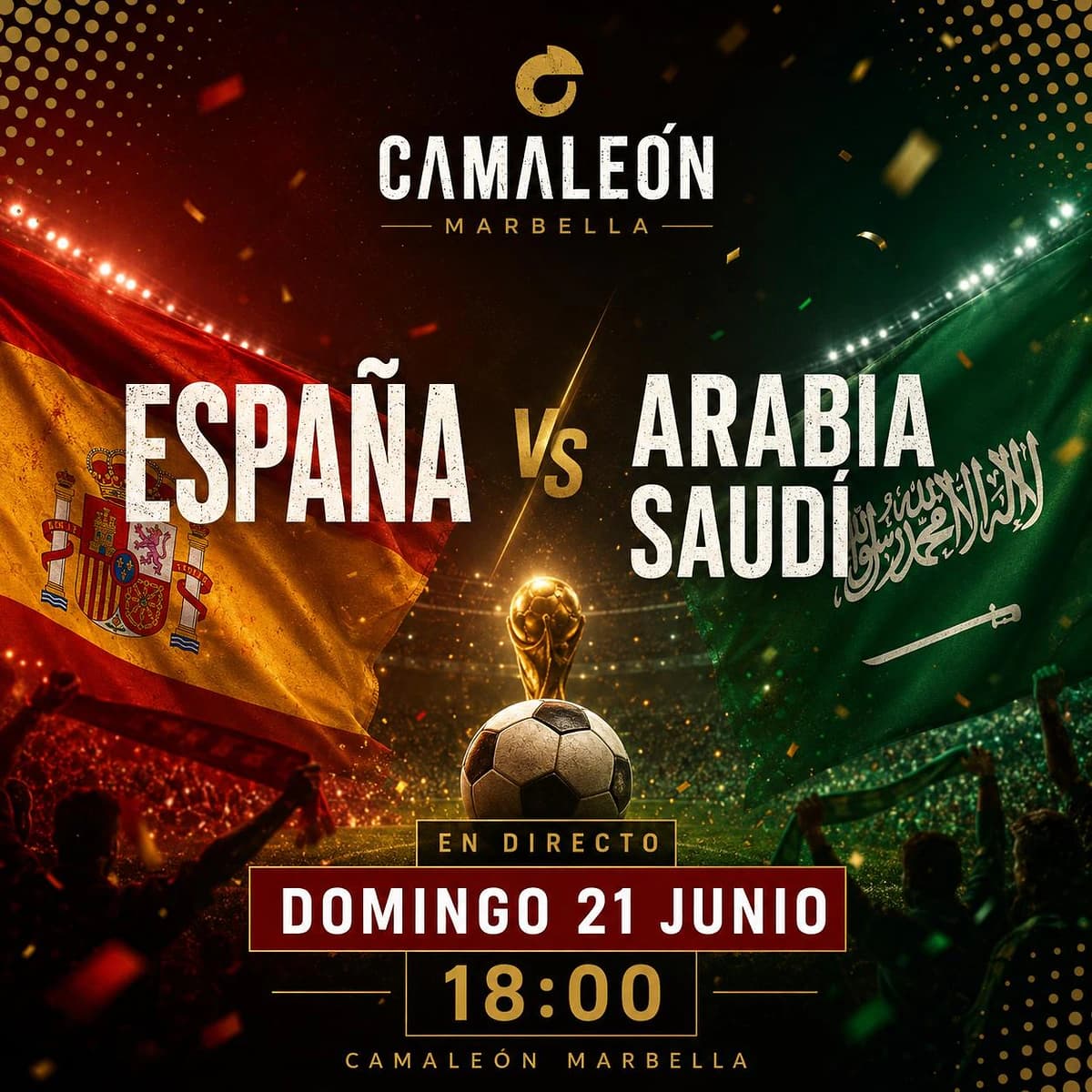 Cartel de Camaleón Marbella con el calendario de España en el Mundial 2026, destacando el partido España vs Arabia Saudí del domingo 21 de junio a las 18:00.
