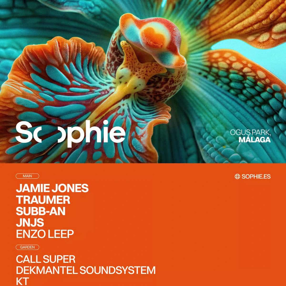 Cartel de Sophie CH#4 en Ogus Park Málaga con Jamie Jones, Traumer y Subb-an, festival de música electrónica al aire libre el 25 de julio de 2026.