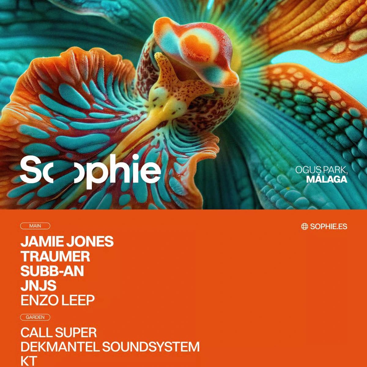 Cartel de Sophie CH#4 en Ogus Park Málaga con Jamie Jones, Traumer y Subb-an, festival de música electrónica al aire libre el 25 de julio de 2026.