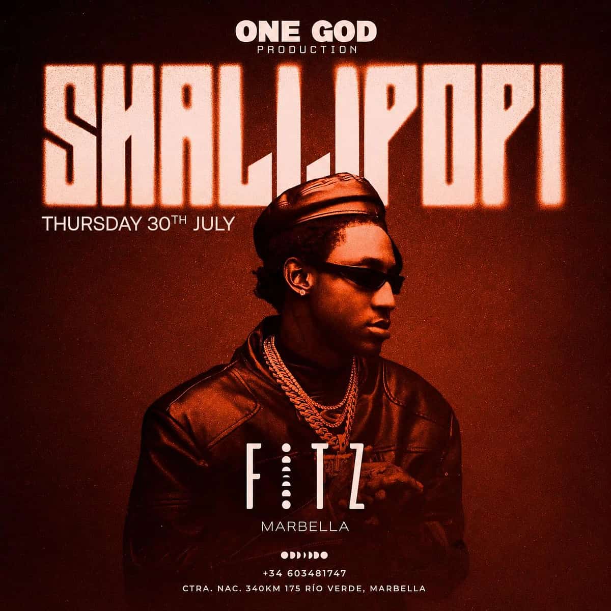 Cartel de Shallipopi en FITZ Marbella para el jueves 30 de julio, con fondo rojo oscuro, retrato del artista, logo de One God Production y estética Afrobeats nocturna.