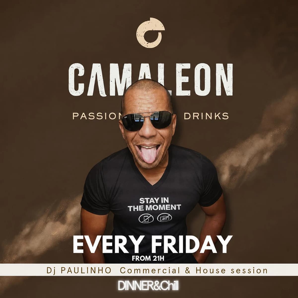 Cartel de Camaleón Marbella con DJ Paulinho anunciando una sesión Dinner & Chill cada viernes desde las 21:00, con ambiente de cena, copas y música en directo.