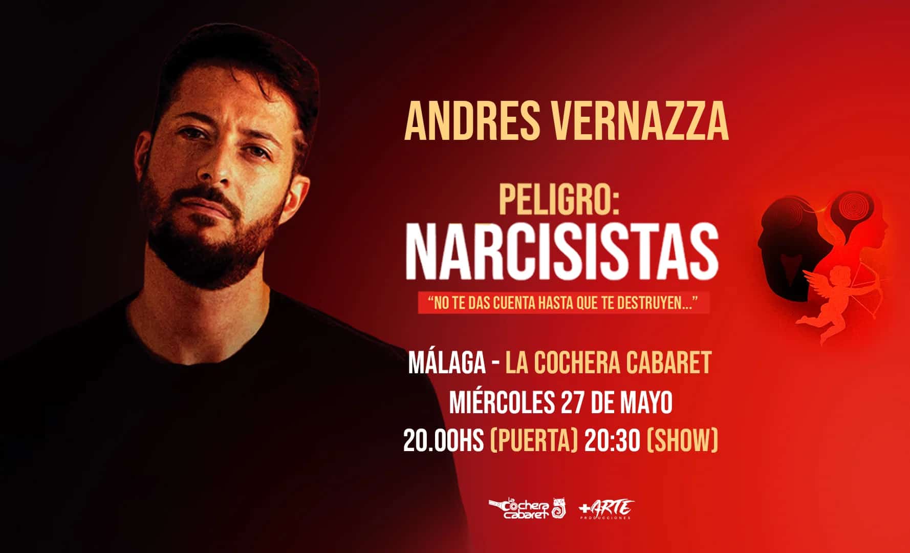 Andrés Vernazza actuando en la producción teatral 'Peligro: Narcisistas' en Málaga 2026