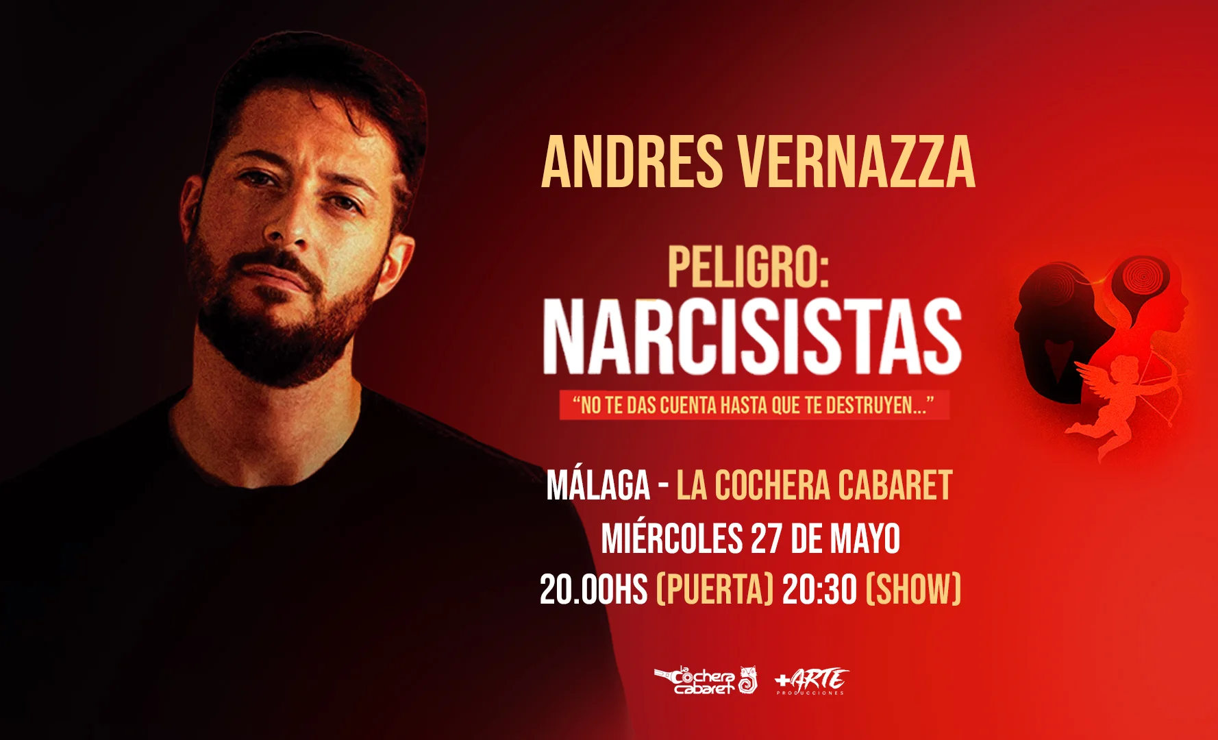 Andrés Vernazza actuando en la producción teatral 'Peligro: Narcisistas' en Málaga 2026