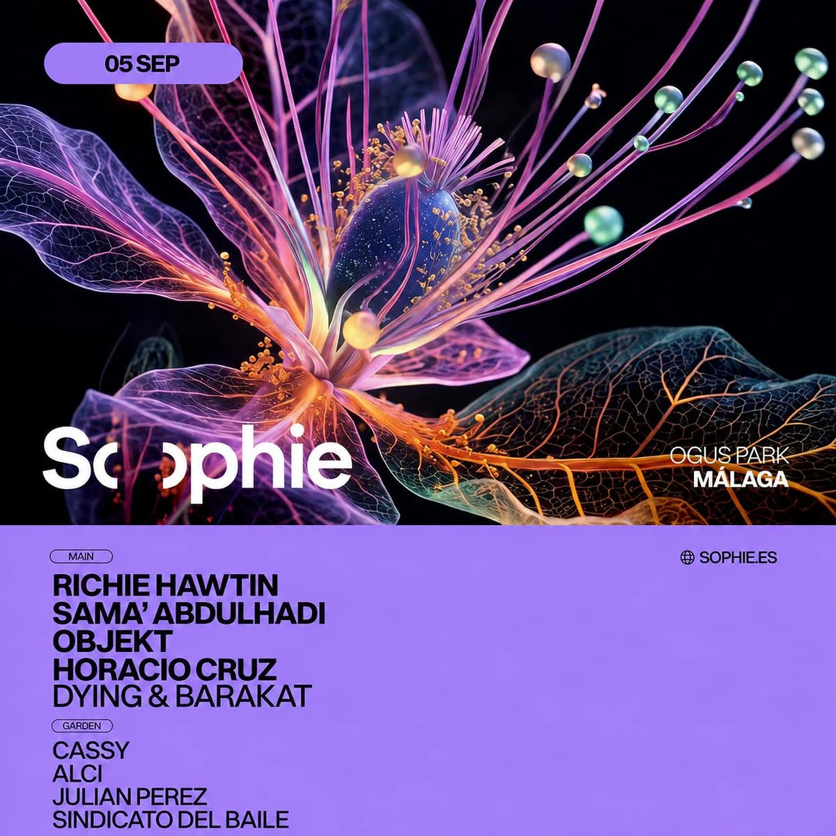 Cartel de Sophie CH#6 con diseño floral abstracto en tonos morados y negros, destacando a Richie Hawtin, Sama' Abdulhadi, Objekt y el resto del cartel del festival en Ogus Park, Málaga.