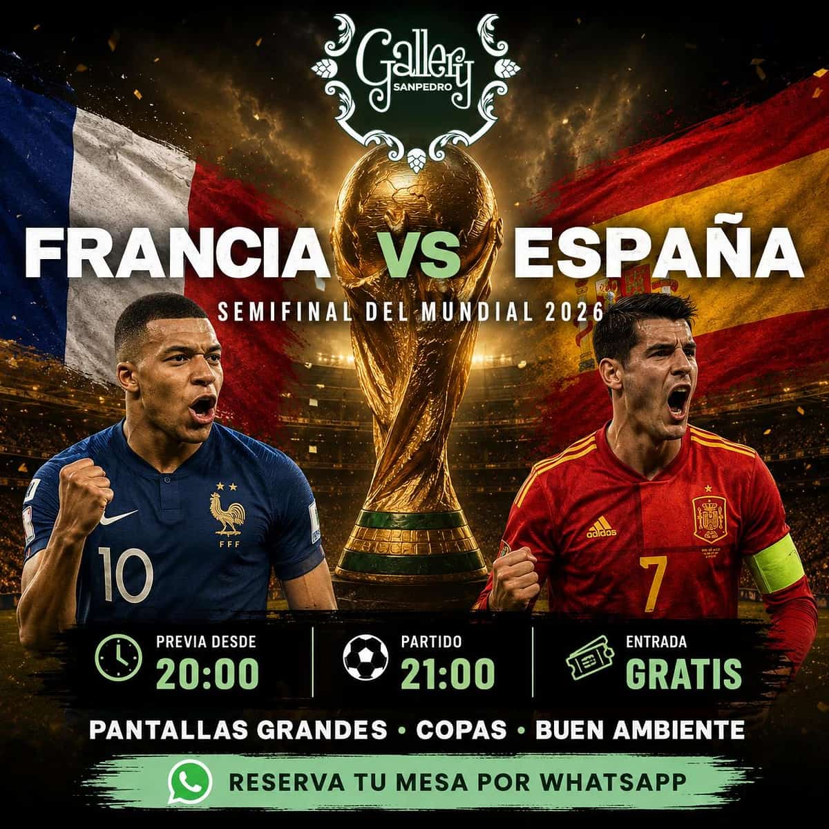 Cartel del partido España vs Bélgica de cuartos de final del Mundial 2026 en Gallery San Pedro, con ambiente de fútbol, previa, copas y pantallas grandes.
