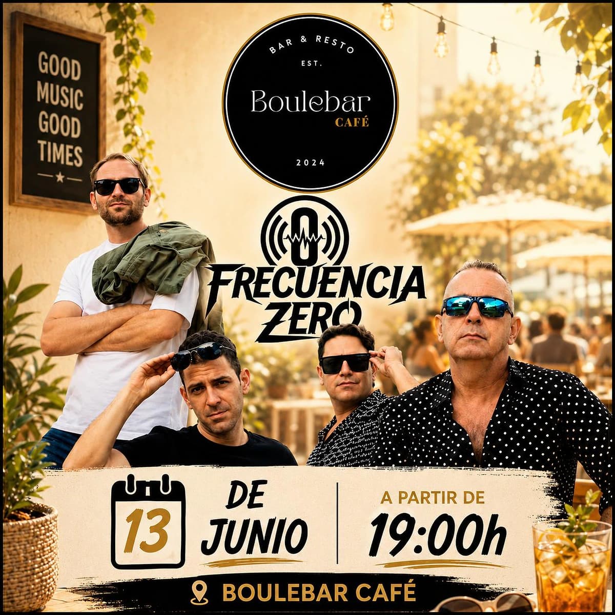 Cartel de Frecuencia Zero en Boulebar Café, concierto de versiones pop, rock e indie en San Pedro Alcántara durante la semana de la Feria de San Bernabé Marbella 2026.
