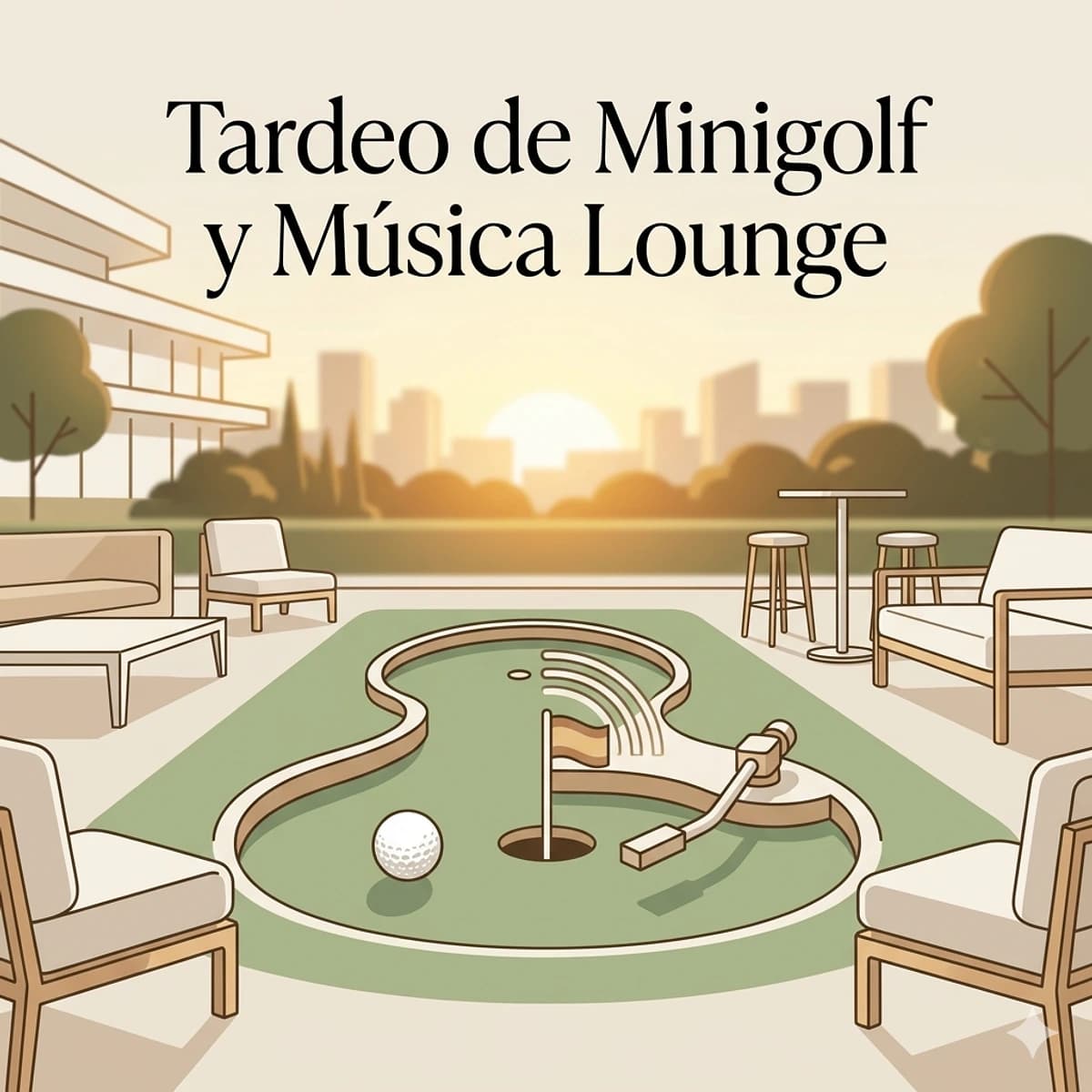 Ilustración minimalista de una pista de minigolf con zona lounge al atardecer, usada como portada del evento Tardeo de Minigolf y Música Lounge.