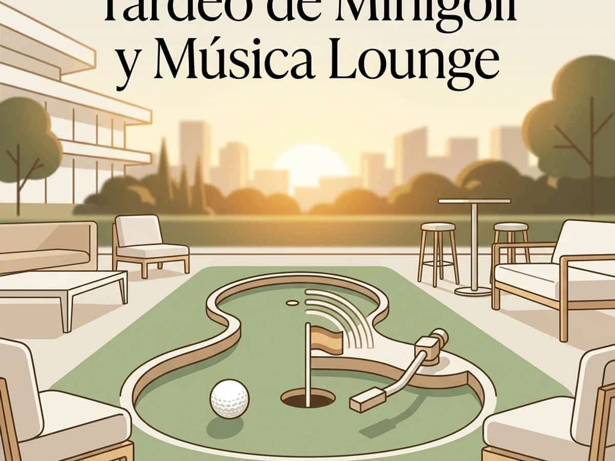 Ilustración minimalista de una pista de minigolf con zona lounge al atardecer, usada como portada del evento Tardeo de Minigolf y Música Lounge.