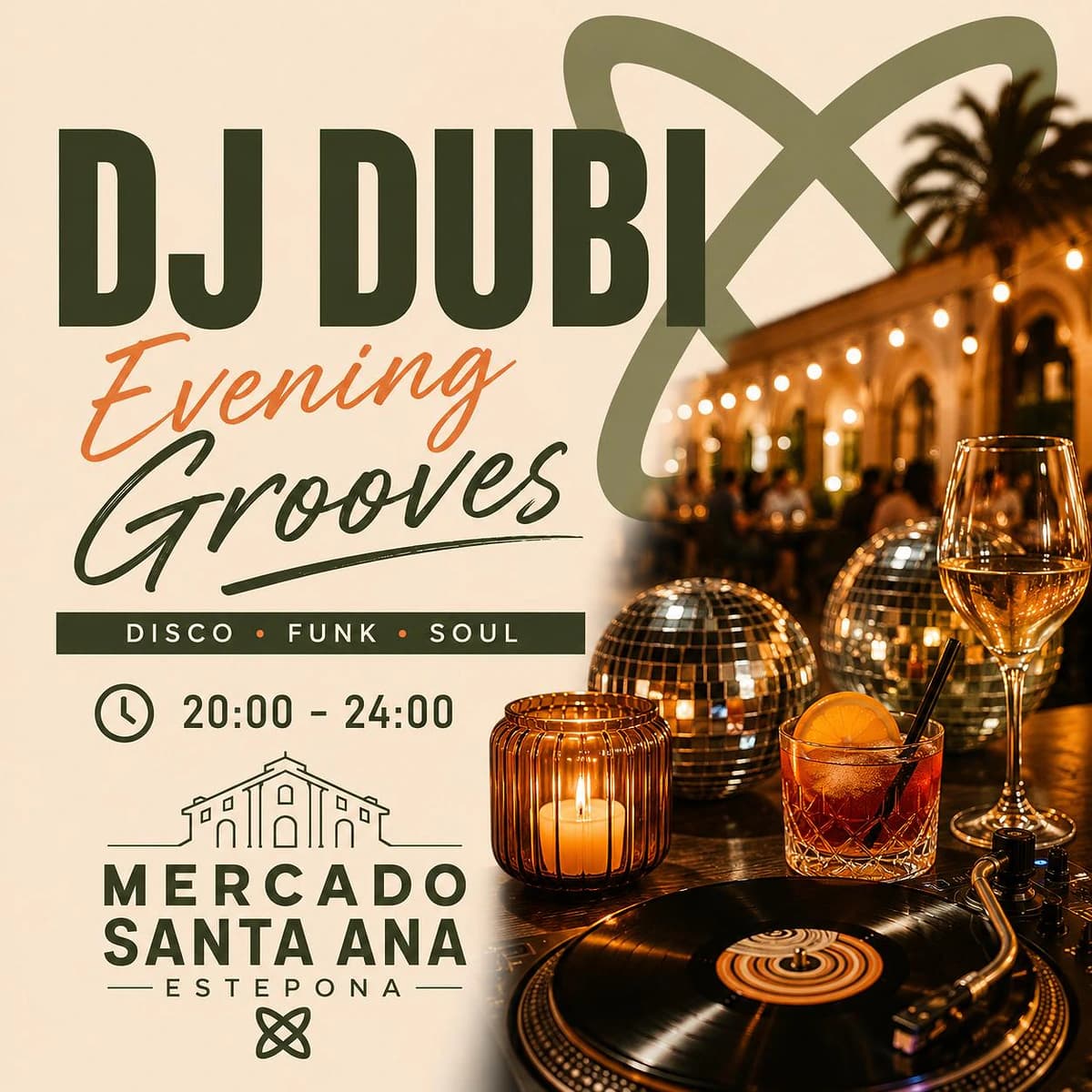Cartel de DJ Dubi Evening Grooves en Mercado Santa Ana Estepona, sesión nocturna con música disco, funk y soul para cena, copas y buen ambiente.