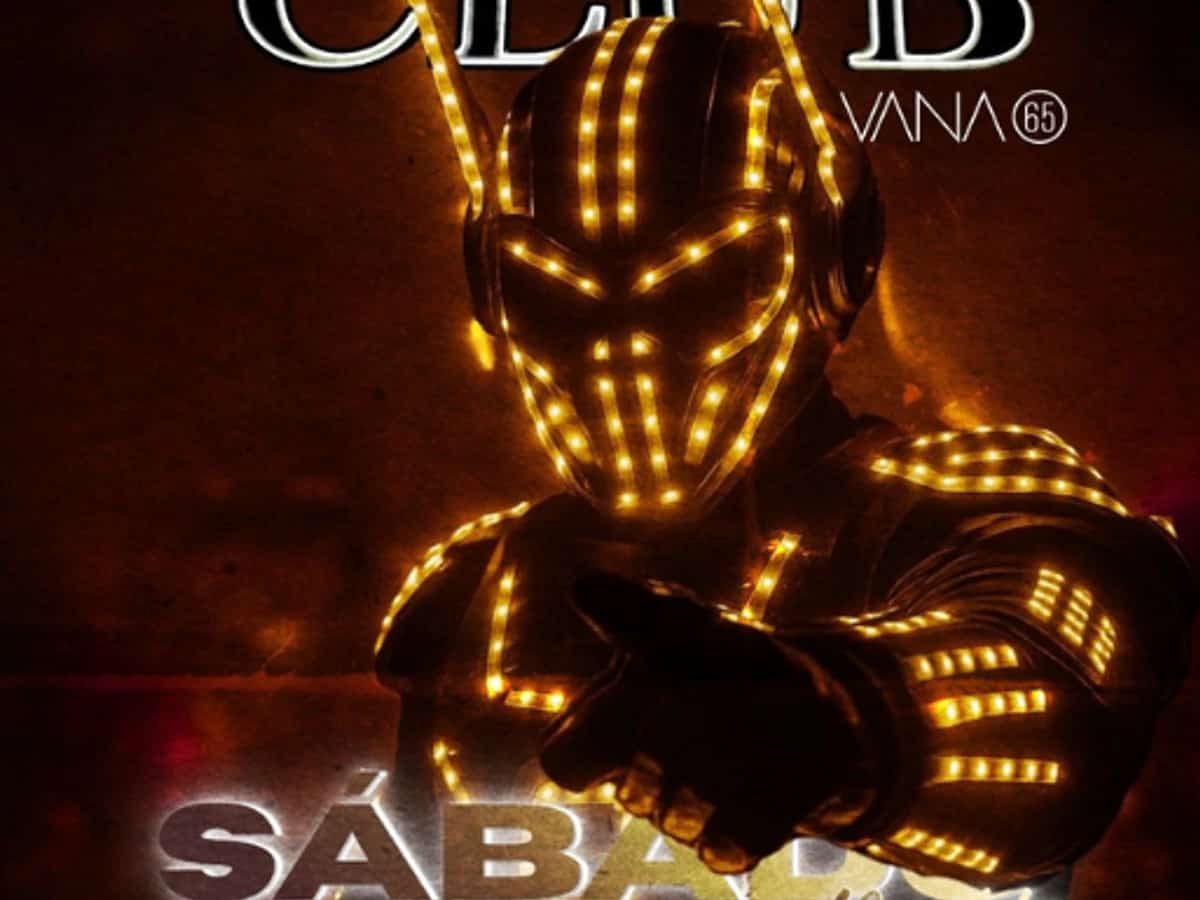 Cartel de evento Night Club en Havana 65 con robot LED iluminado para una noche de sábado con espectáculo visual y ambiente de discoteca en San Pedro Alcántara.