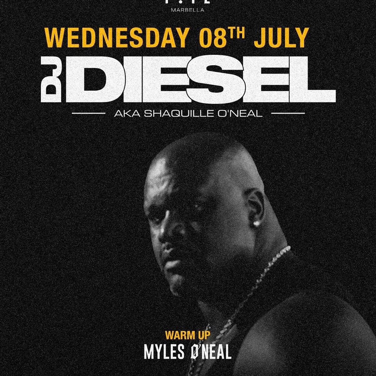Cartel de DJ Diesel aka Shaquille O’Neal en FITZ Marbella, con estética negra y amarilla, retrato del artista y warm up de Myles O’Neal.