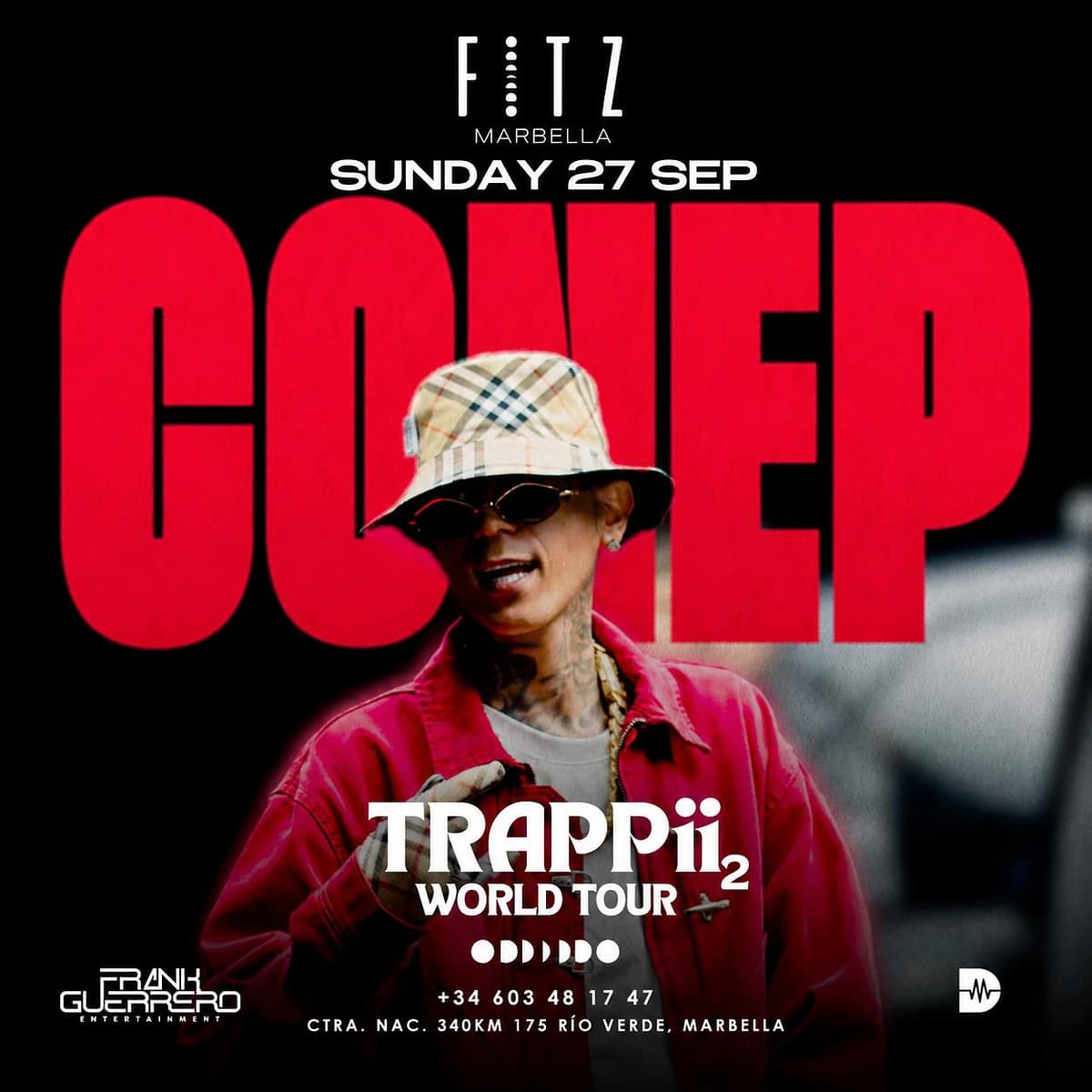 Cartel de Conep en FITZ Marbella para el domingo 27 de septiembre, con el artista vestido de rojo, gorro estampado, gafas oscuras y texto TRAPPii 2 World Tour.