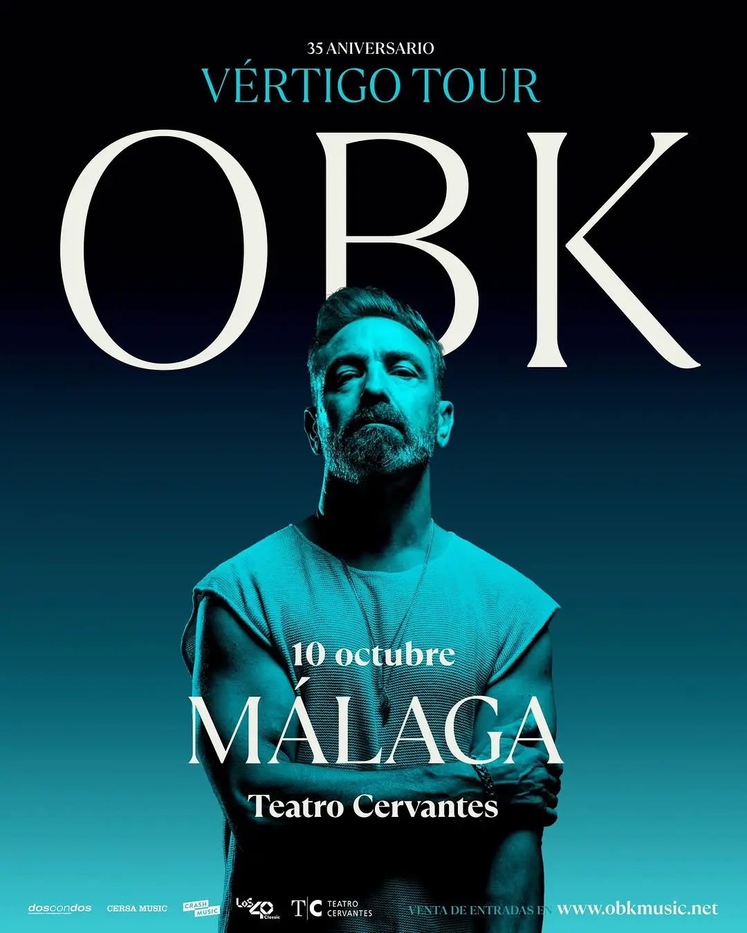 Cartel del concierto OBK Vértigo Tour con detalles del evento - Málaga, 10 de octubre de 2026. Incluye imágenes del grupo de synth-pop.