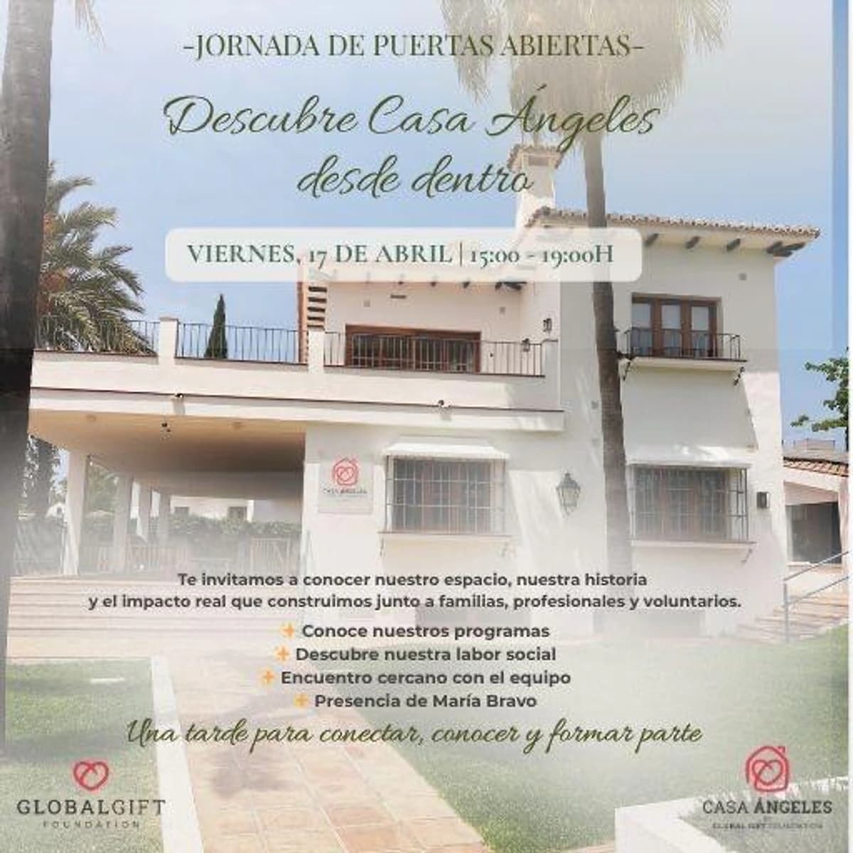 Cartel de la jornada de puertas abiertas de Casa Ángeles en Marbella, con la fachada del centro y la invitación a conocer su labor social el viernes 17 de abril de 15:00 a 19:00.