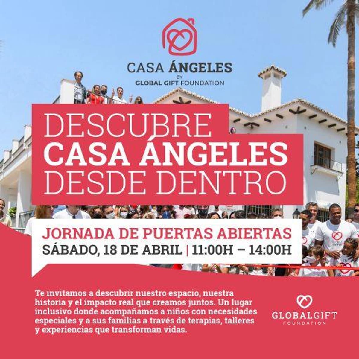 Cartel de la jornada de puertas abiertas de Casa Ángeles en Marbella, con la fachada del centro, asistentes y la fecha del sábado 18 de abril de 11:00 a 14:00.