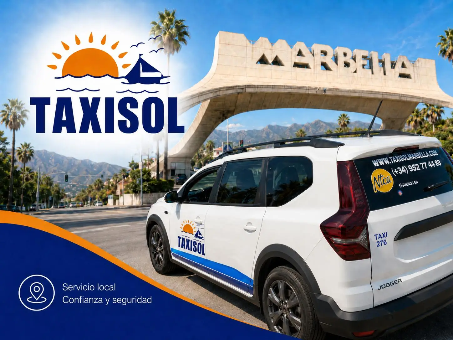 Banner promocional de Taxisol Marbella con taxi oficial frente al arco de Marbella, logo de Taxisol y mensaje de servicio local y confianza.