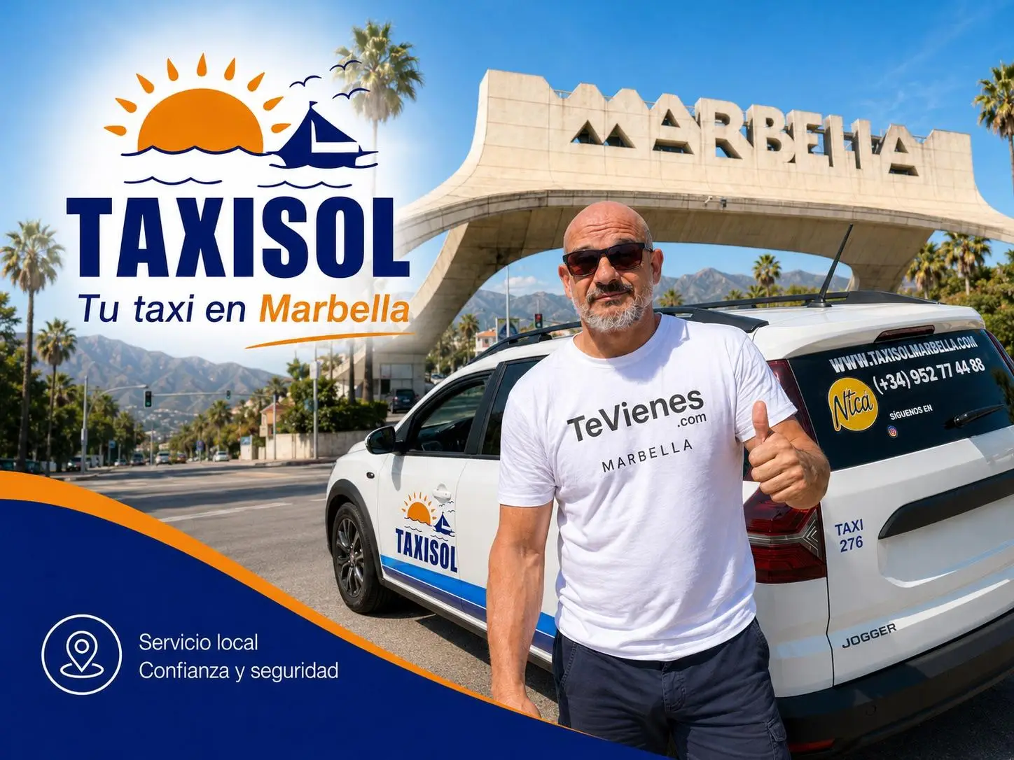 Banner promocional de Taxisol Marbella con taxi oficial, logo de Taxisol y persona con camiseta de TeVienes frente al arco de Marbella.