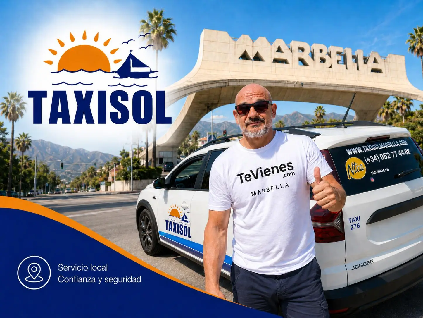 Taxisol Marbella con taxi oficial, logo de Taxisol y persona con camiseta de TeVienes frente al arco de Marbella.