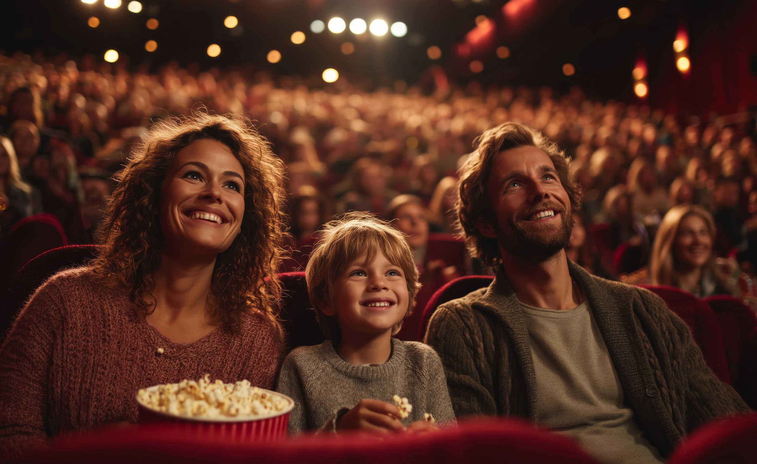 Padres e hijos disfrutando de un espectáculo en vivo en Málaga, luces de colores y ambiente alegre.